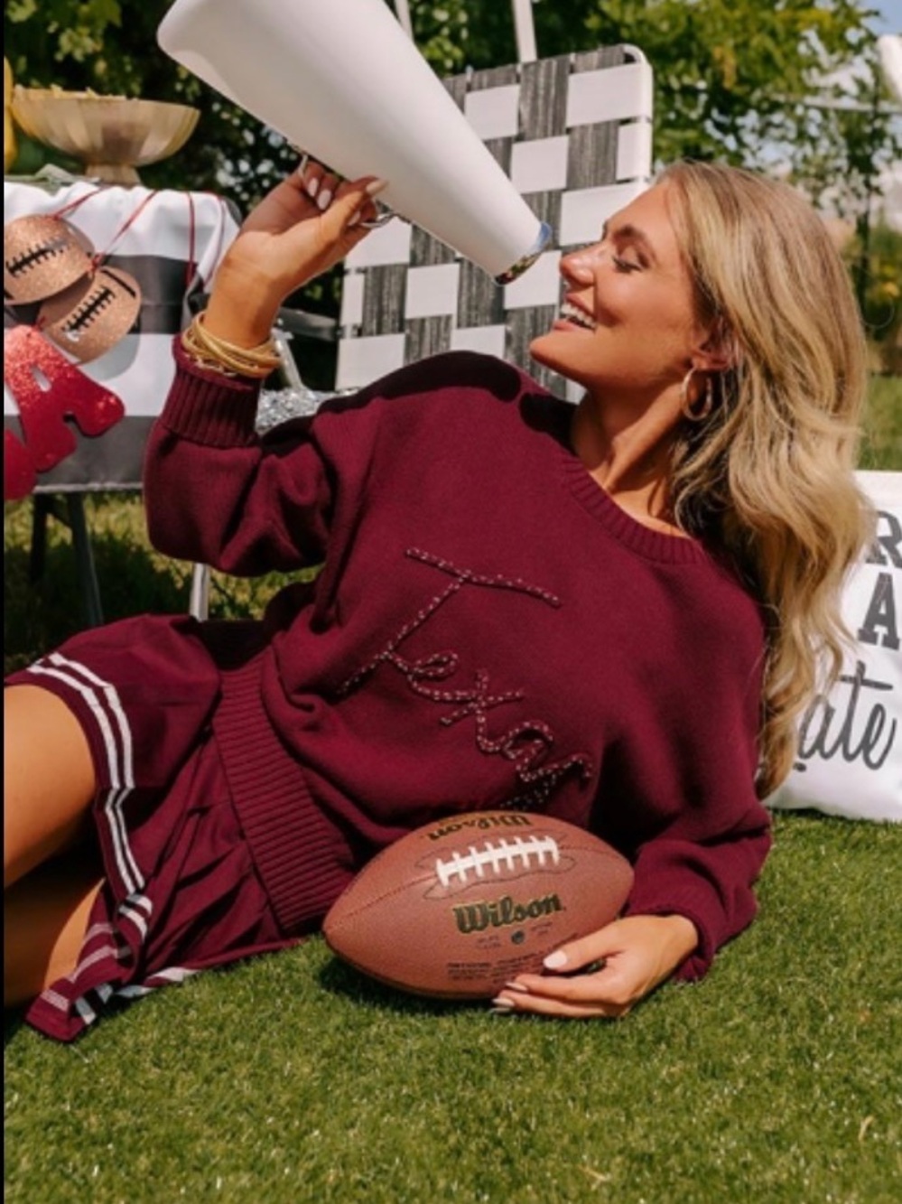 Le Lis Burgundy Embellished 'Texas' Crewneck Sweater